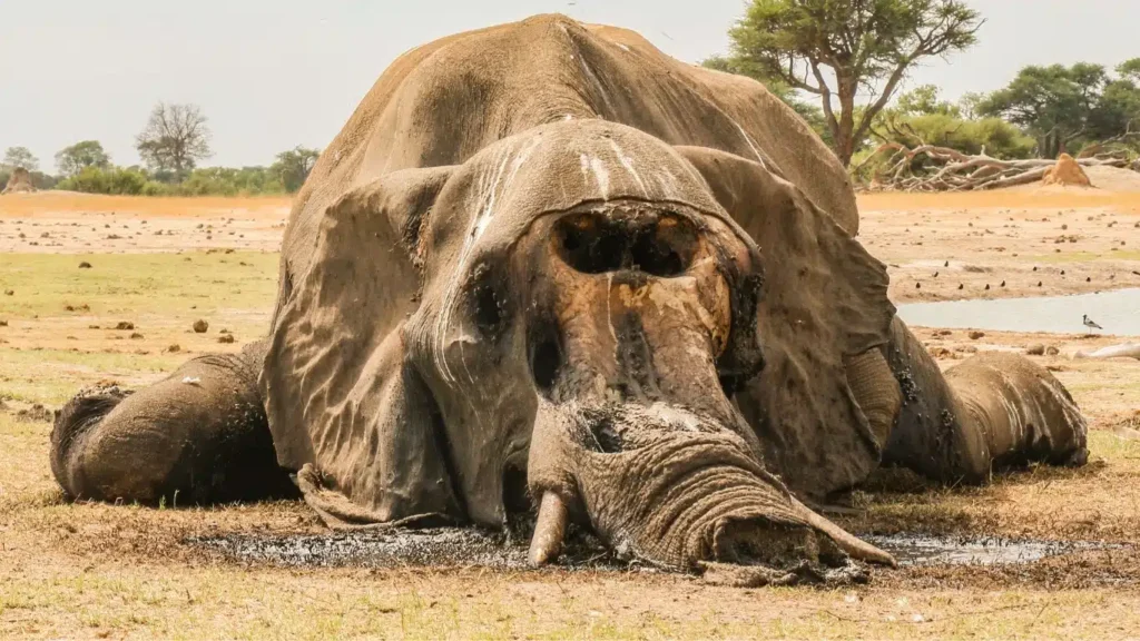 At Hwange National Park in Botswana, elephants are falling victim to the relentless drought and escalating heat, with water shortages and extreme temperatures increasingly endangering their lives. Credit: Friends of Hwange